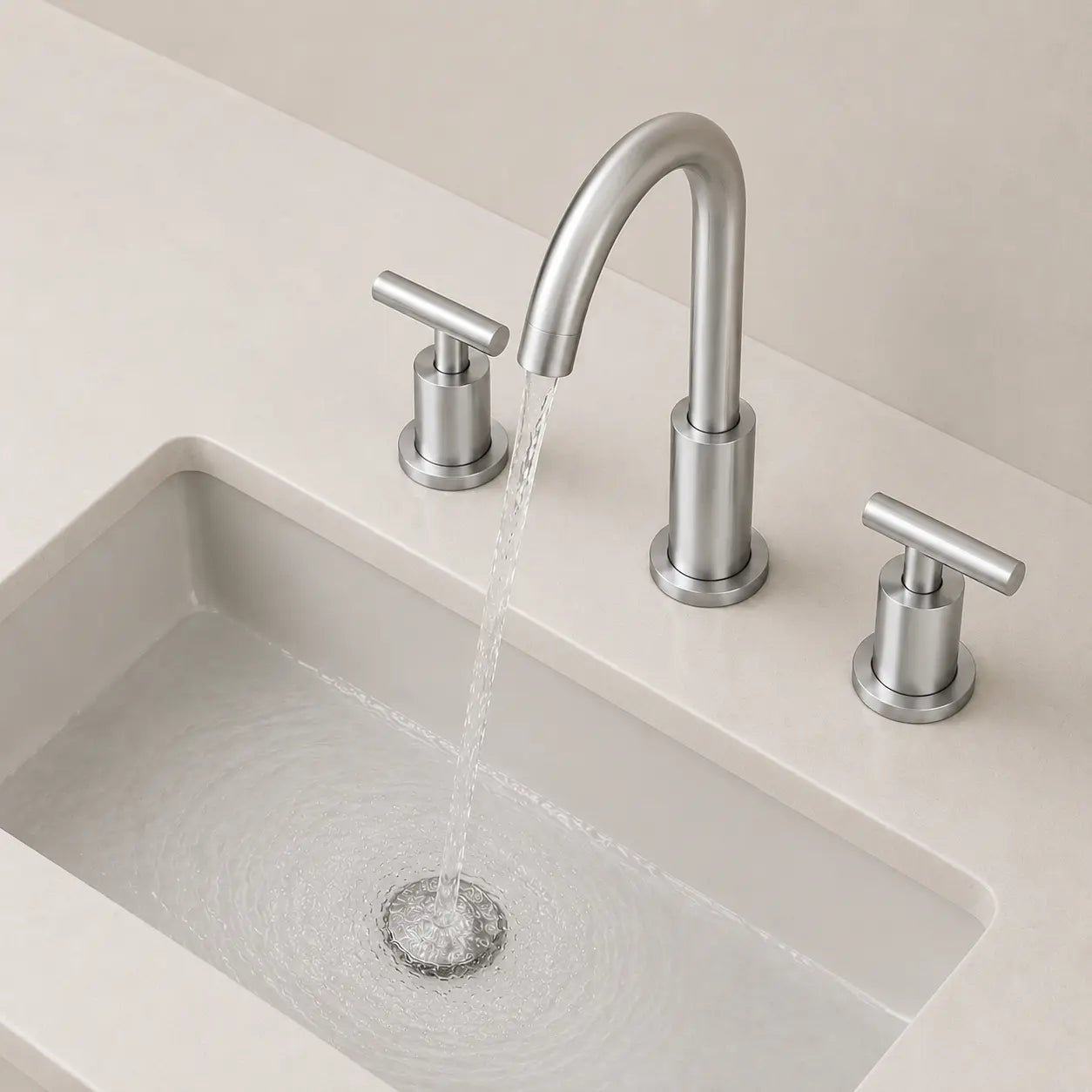 Robinet de lavabo 3 trous en acier inoxydable brossé avec bec incurvé, poignées cylindriques et jet d’eau en usage Image