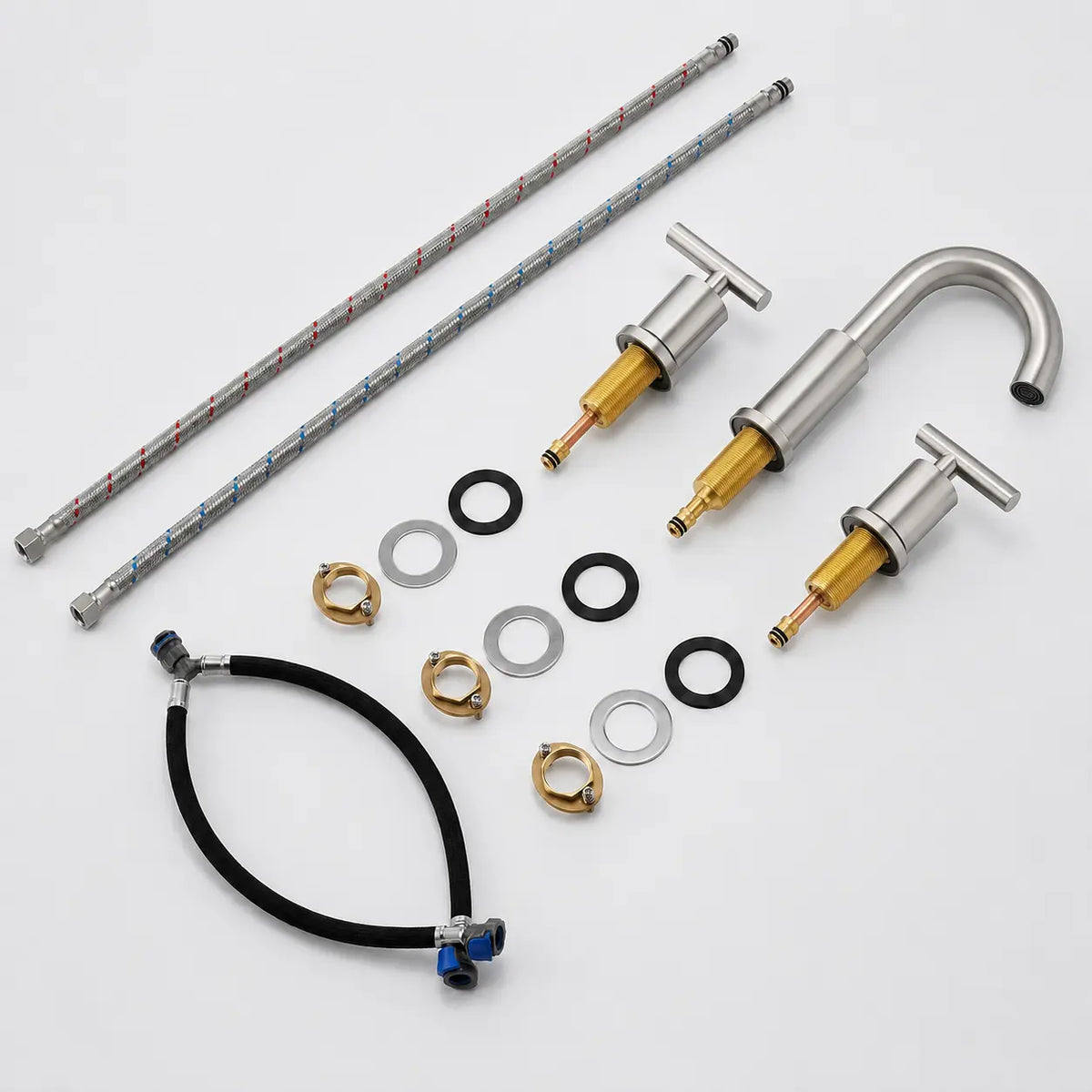  Kit de robinet de lavabo 3 trous en acier inoxydable brossé avec flexibles, joints et accessoires de montage