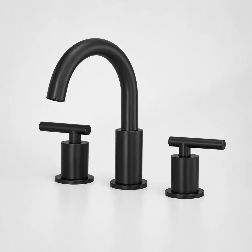 Robinet de lavabo noir mat à 3 trous avec bec courbé et poignées en T, design moderne pour salle de bain élégante.