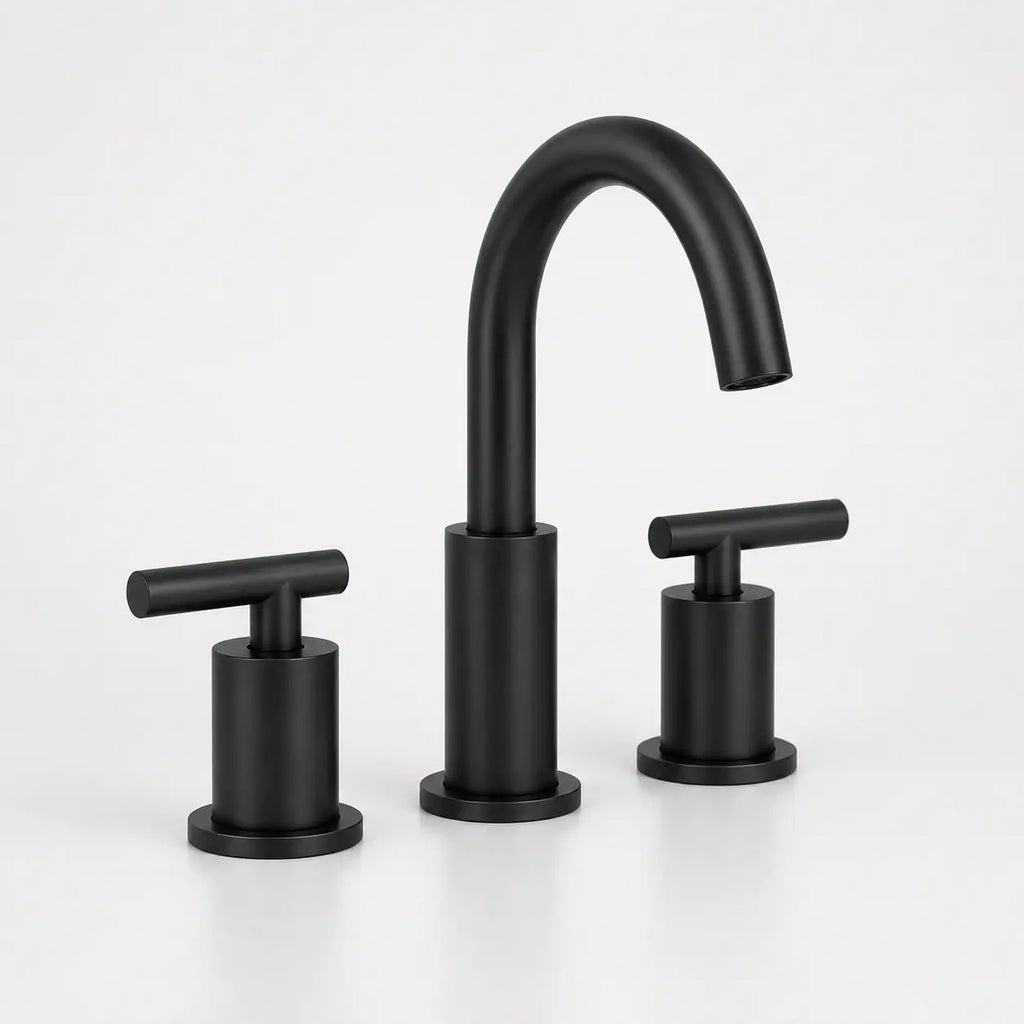Robinet de lavabo noir mat à 3 trous avec bec haut incurvé et poignées en T, style moderne pour salle de bain.