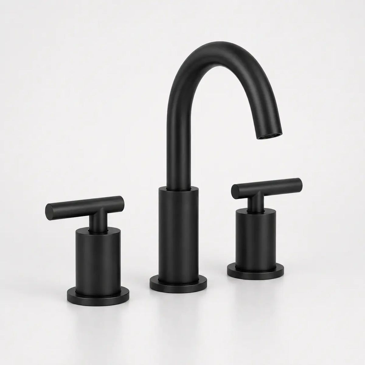 Robinet de lavabo noir mat à 3 trous avec bec haut incurvé et poignées en T, style moderne pour salle de bain.