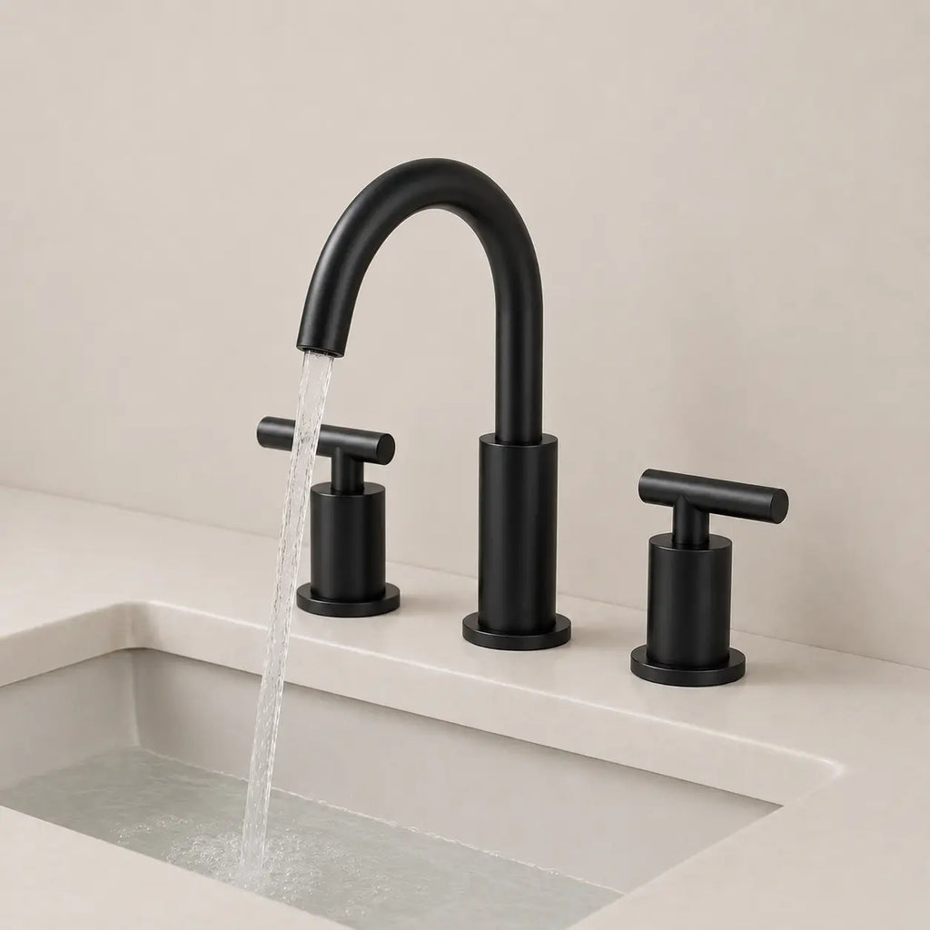 Robinet de lavabo noir mat à 3 trous avec bec incurvé et poignées en T, installation moderne pour salle de bain.