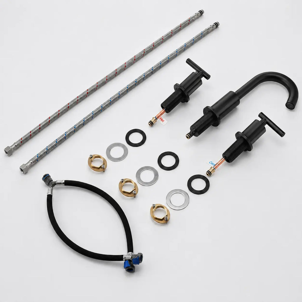 Kit de robinet de lavabo noir mat avec flexibles, joints et accessoires de montage pour installation 3 trous.