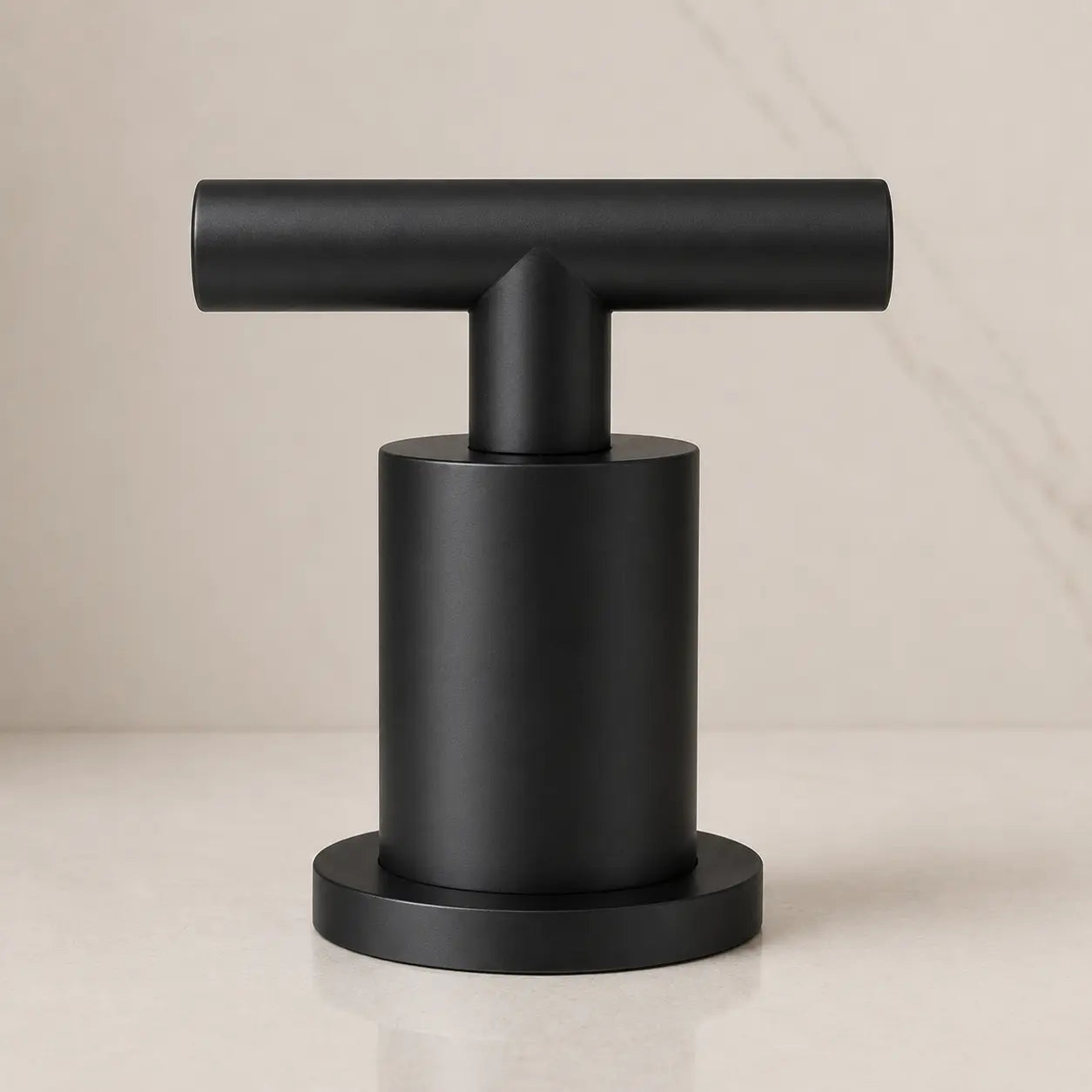 Poignée de robinet noir mat en forme de T, commande moderne pour robinet de lavabo au design minimaliste. Image