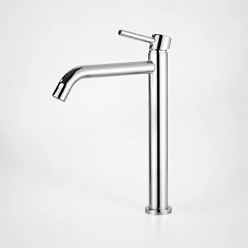 Robinet mitigeur haut chromé pour vasque, design minimaliste avec bec allongé et commande levier moderne