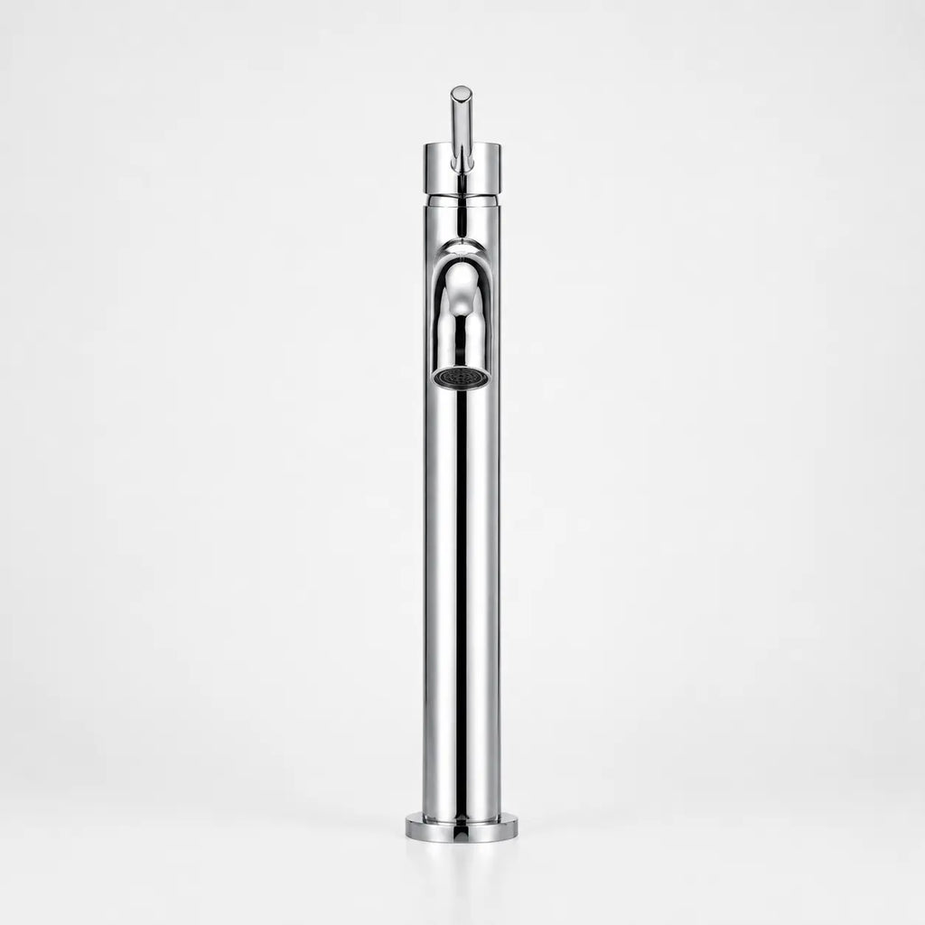 Robinet mitigeur haut chromé pour vasque, silhouette cylindrique minimaliste avec sortie d’eau intégrée et levier fin