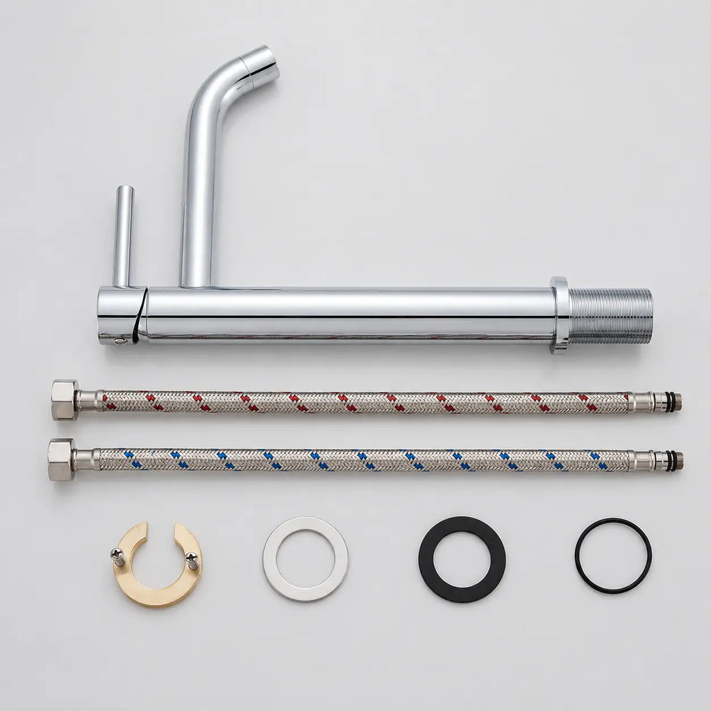 Kit robinet mitigeur chromé pour vasque avec flexibles de raccordement, joints et accessoires de fixation inclus