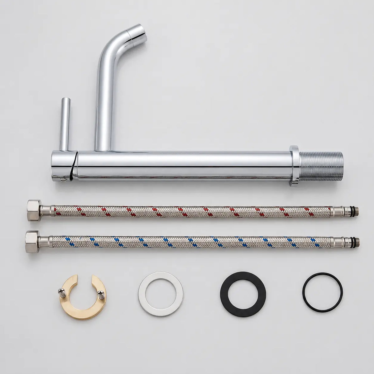 Kit robinet mitigeur chromé pour vasque avec flexibles de raccordement, joints et accessoires de fixation inclus
