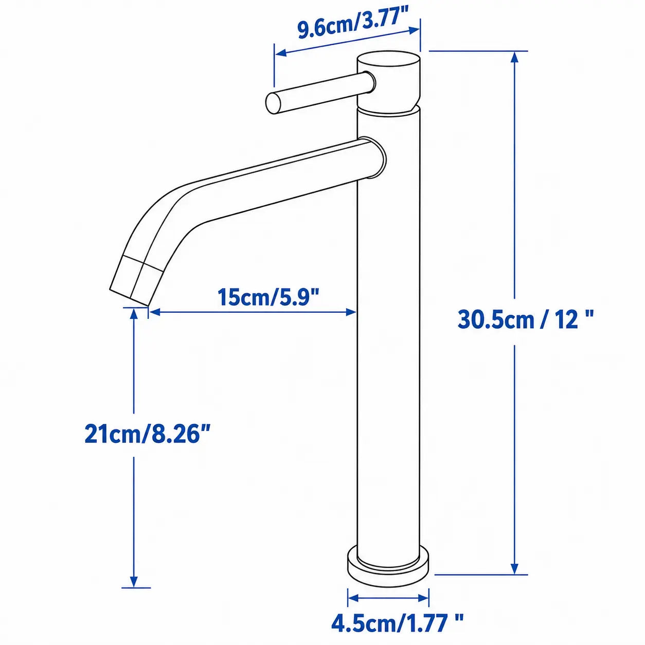  Schéma des dimensions du robinet mitigeur haut pour vasque, avec mesures détaillées de hauteur, portée du bec et base Image