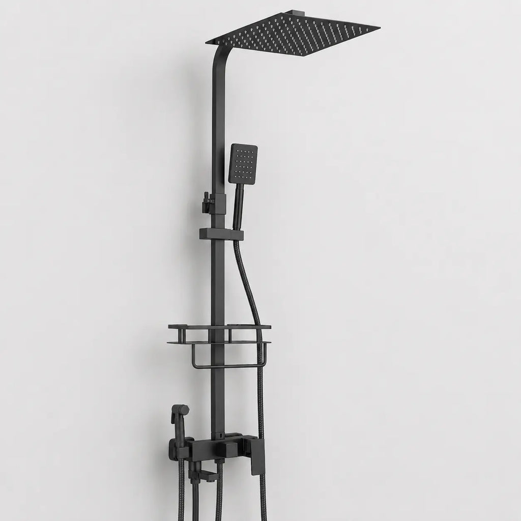 Colonne de douche noir mat avec large pommeau pluie carré, douchette à main, bec pivotant et tablette de rangement