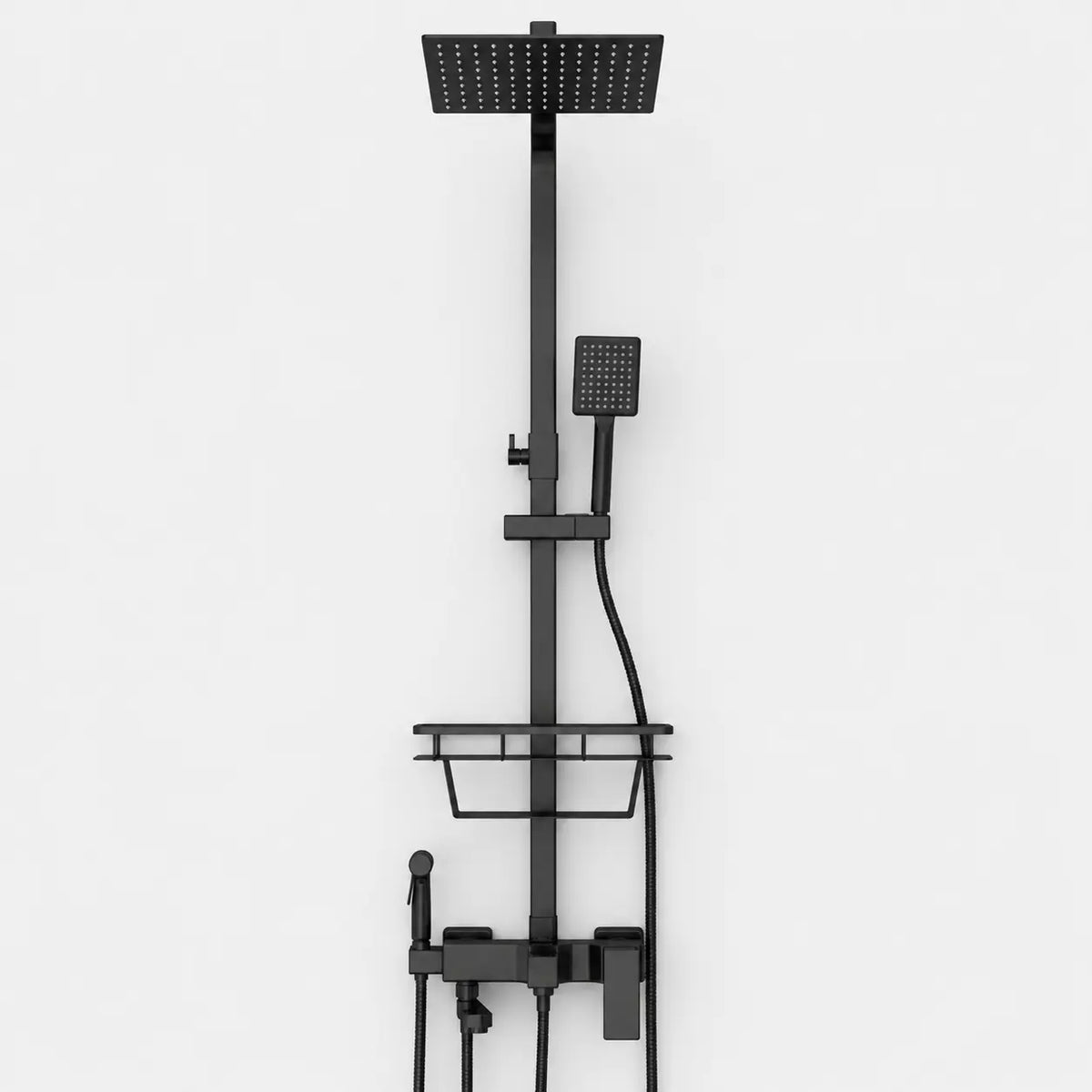 Colonne de douche noir mat avec pommeau pluie carré, douchette à main, tablette de rangement et mitigeur moderne
