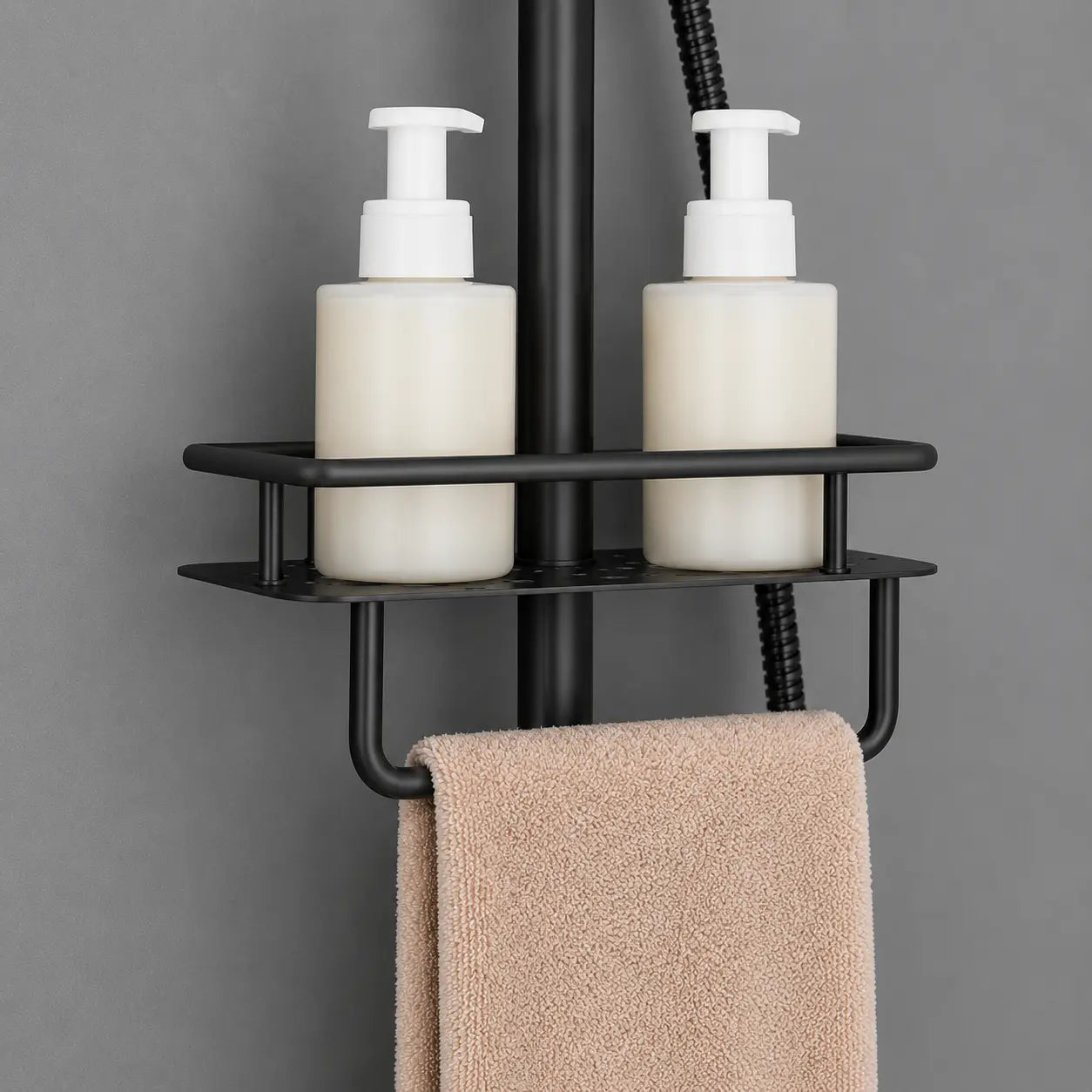Tablette de douche noir mat avec espace de rangement pour flacons et porte-serviette intégré pour accessoires de bain Image