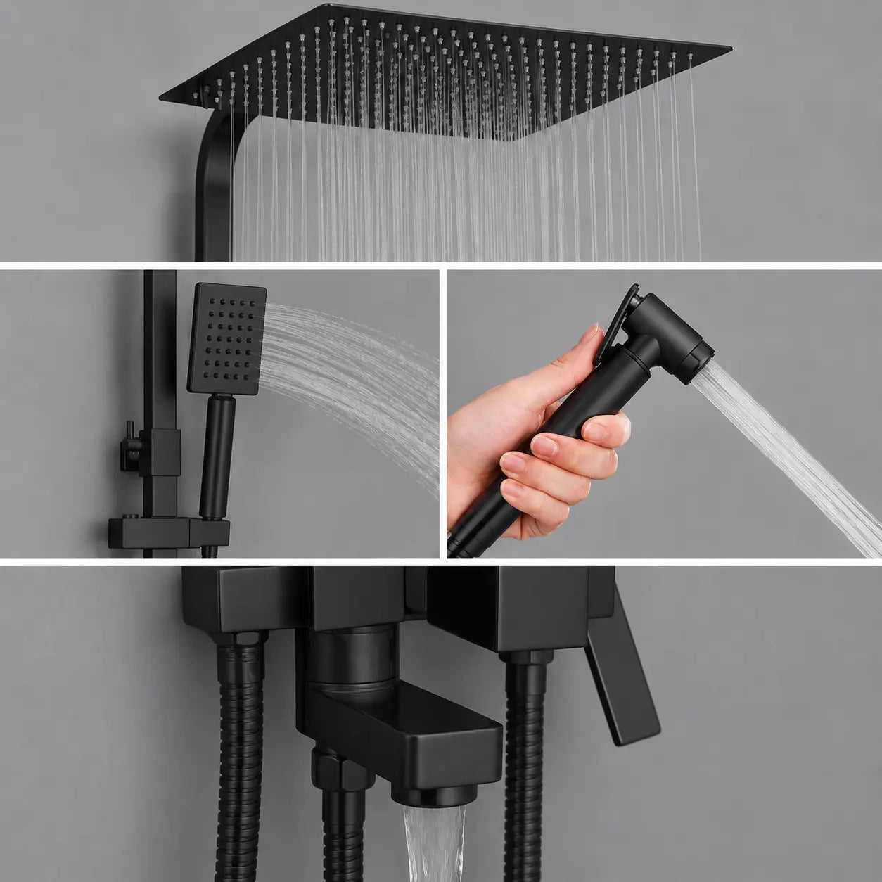 Détail du pommeau de douche pluie carré noir mat avec tête orientable pour une diffusion d’eau uniforme et confortable Image