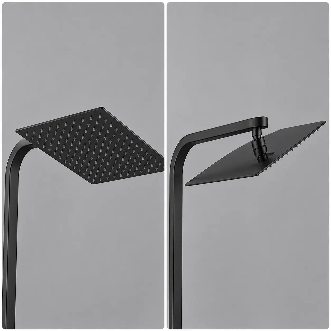 Détail du pommeau de douche pluie carré noir mat avec tête orientable pour une diffusion d’eau uniforme et confortable Image