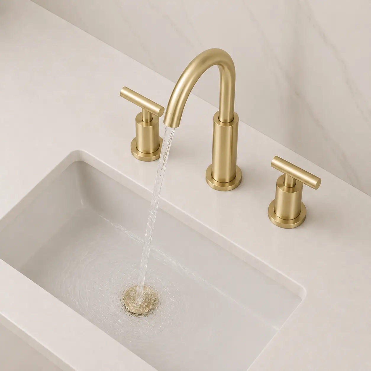 Robinet de lavabo 3 trous en laiton brossé doré avec bec incurvé, poignées modernes et jet d’eau en fonctionnement Image
