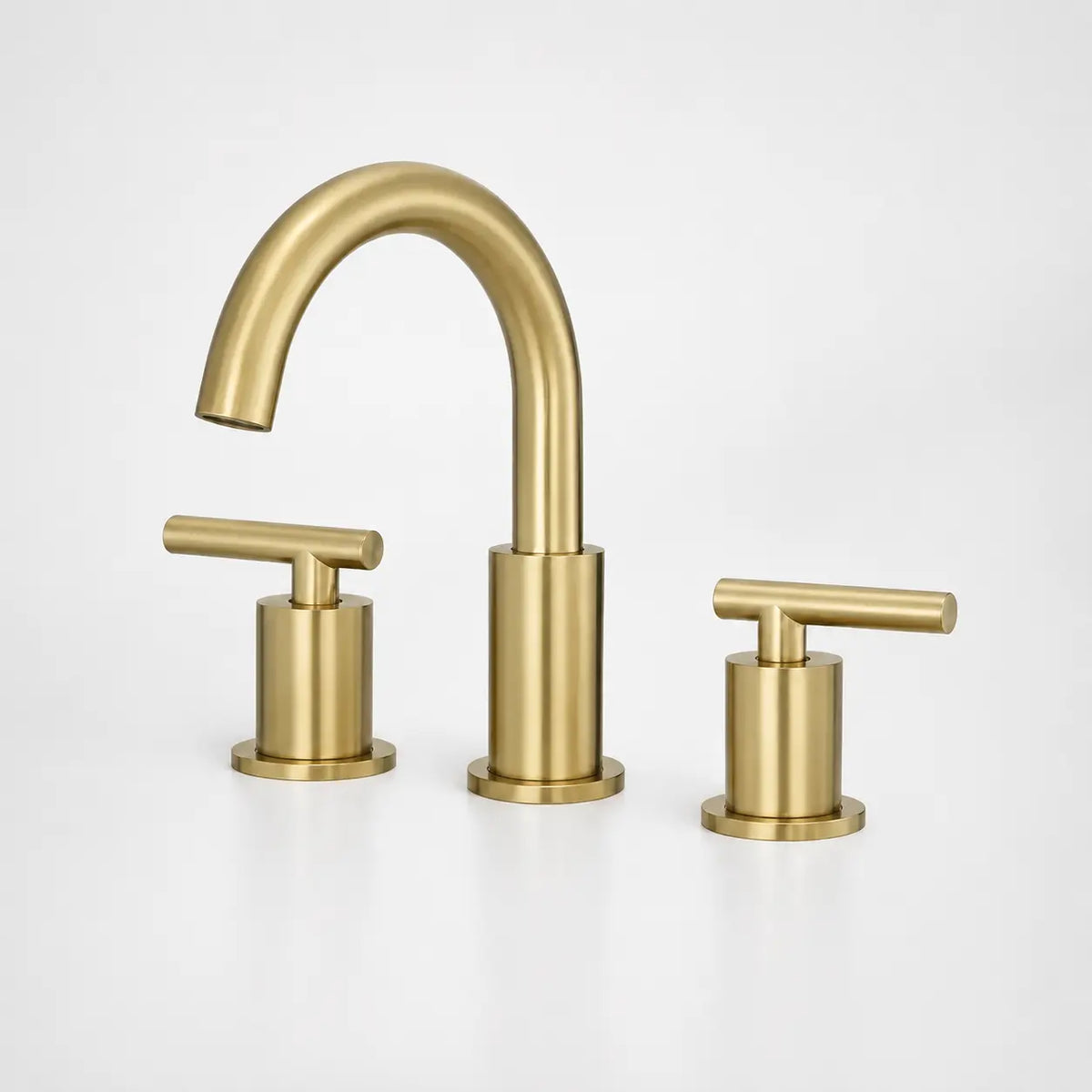  Robinet de lavabo 3 trous en laiton brossé doré avec bec incurvé et poignées cylindriques modernes