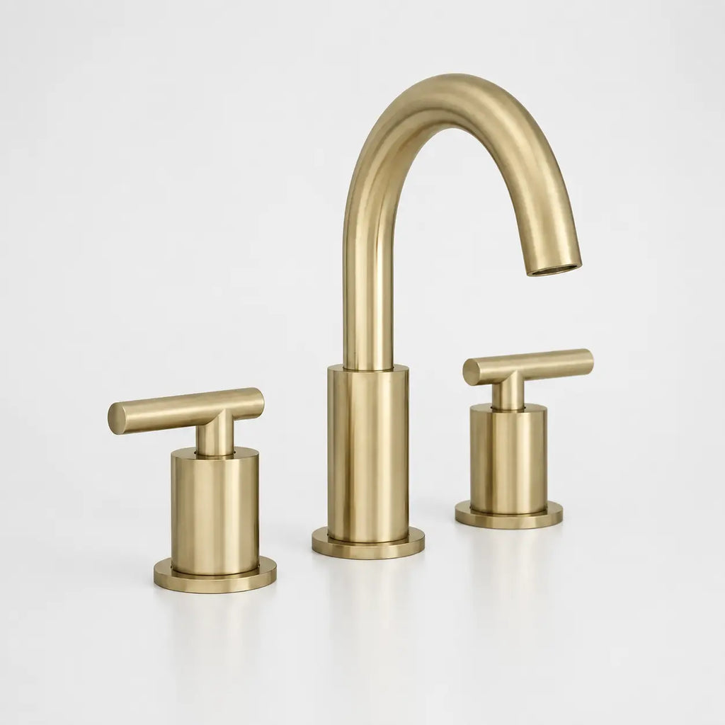  Robinet de lavabo 3 trous en laiton brossé doré avec bec haut incurvé et poignées cylindriques modernes