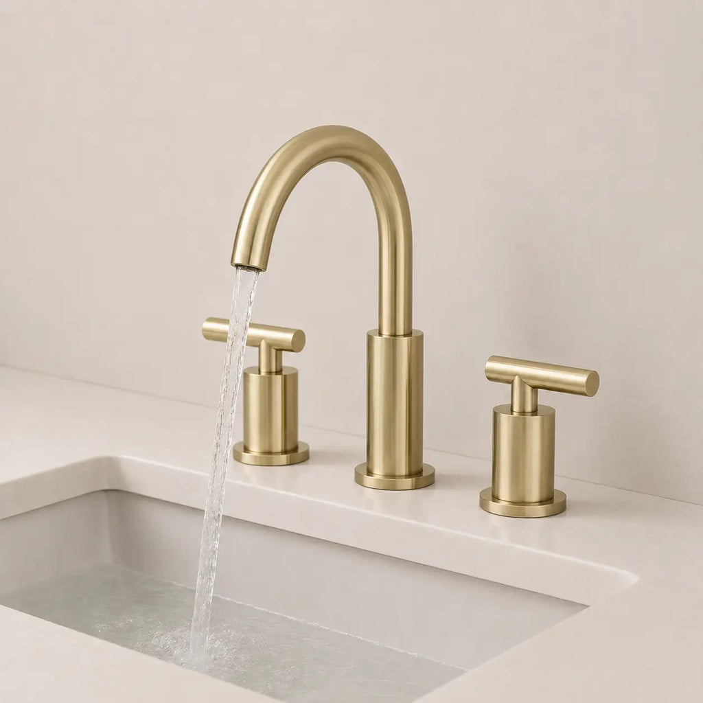 Robinet de lavabo 3 trous en laiton brossé doré avec bec arqué, poignées modernes et écoulement d’eau