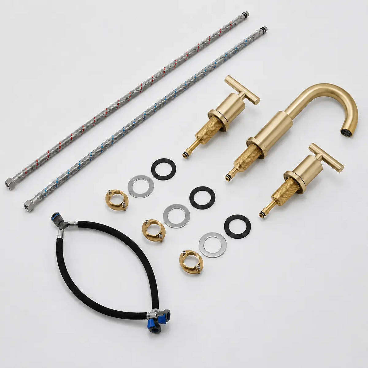  Kit robinet de lavabo en laiton brossé doré avec flexibles, joints et accessoires de montage complets