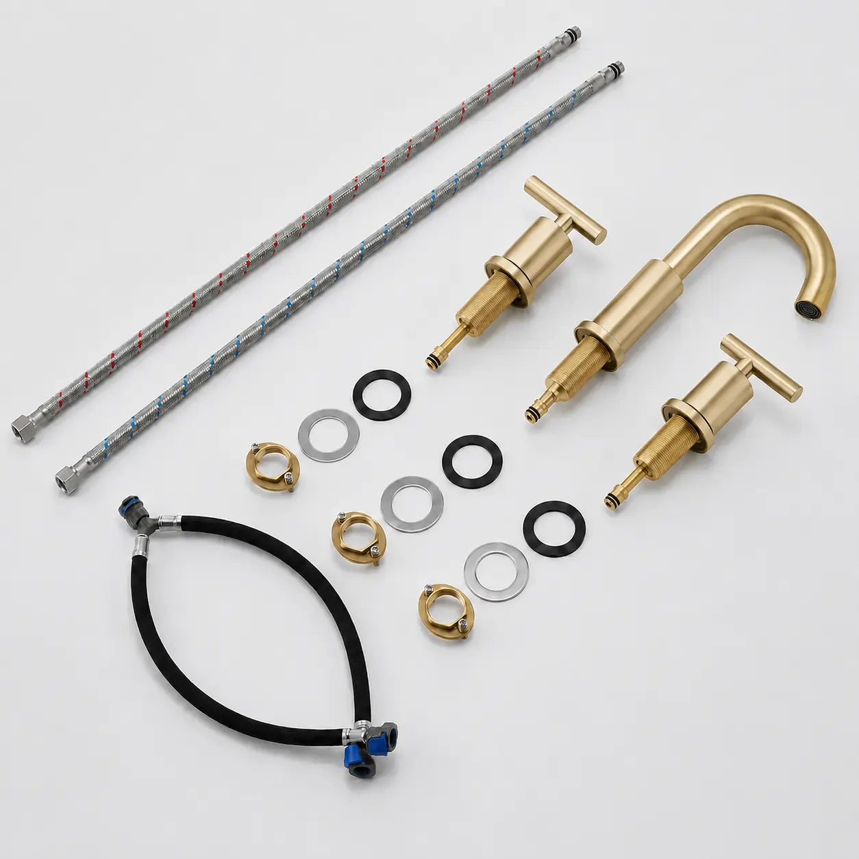  Kit robinet de lavabo en laiton brossé doré avec flexibles, joints et accessoires de montage complets Image