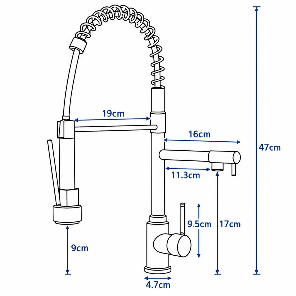  Schéma dimensionnel du robinet de cuisine avec douchette extractible, dimensions détaillées pour installation